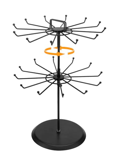 MyGift 2 Tier Black Metal Rotating Necklace tree stand for vendor & bracelet holder Jewelry Stand with 24 Hooks, Multipurpose Accessory and Keychain Spinning Display with Top Handle Card organizer - color: Black (2 Tier)