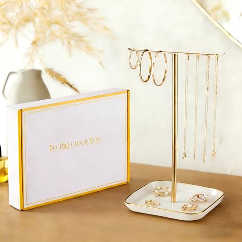Jewelry Holder Stand with Ceramic Base: 12" Tall Necklace Organizer Rack, Tree Design Display Storage for Necklaces, Bracelets, Rings, Earrings, Aesthetic Room Décor for Girls and Women, Gold - color: White, size: 6.7" base