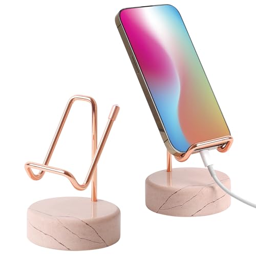 Marble Phone Stand with Metal Holder, Charging Available While Using, Swipe Up to Unlock, Made of Natural Marble as Business Card Holder for Office Desk (Rose Pink + Rose Gold) - color: Rose Pink + Rose Gold