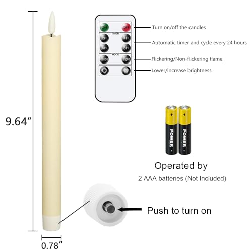 GenSwin Flameless Ivory Taper Candles Flickering with 10-Key Remote, Battery Operated Led Warm 3D Wick Light Window Candles Real Wax Pack of 3, Christmas Home Wedding Decor(0.78 X 9.64 Inch) - color: 3-Ivory