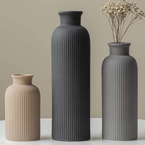 Modern Ceramic Vase Set, Black Ribbed Matte Design, 3-Piece Decorative Vases for Home, Living Room, Office (Black Mix) - color: Black Mix