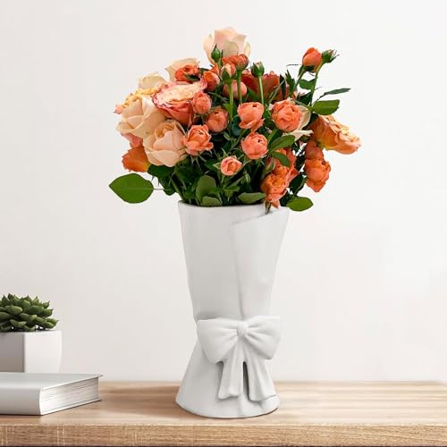 Relexome White Ceramic Bow Vase Unique Cute Decorative Bouquet Flower Vases 9.64 in Mother's Day Spring Decor Vase - color: Matte White