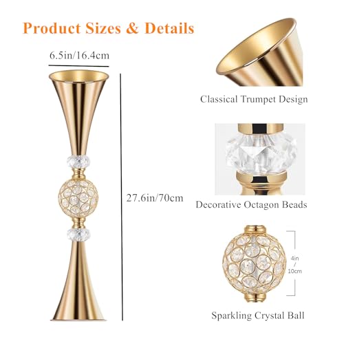 Crystal Gold Flower Vases for Centerpieces: Metal Trumpet Vases for Table, Elegant Flower Stands with Crystal Ball - Floral Decorations for Events Christmas Wedding Home Decor (Gold, 27.6in-2pcs) - size: 27.6in-2pcs