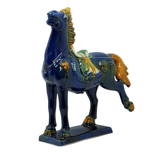 Handmade -Tang Dynasty Tri-Color Horse Sculpture Ceramic Horse-19cm Cultural Art Piece for Home,Bookcase or Office Decor (Blue) - color: Blue