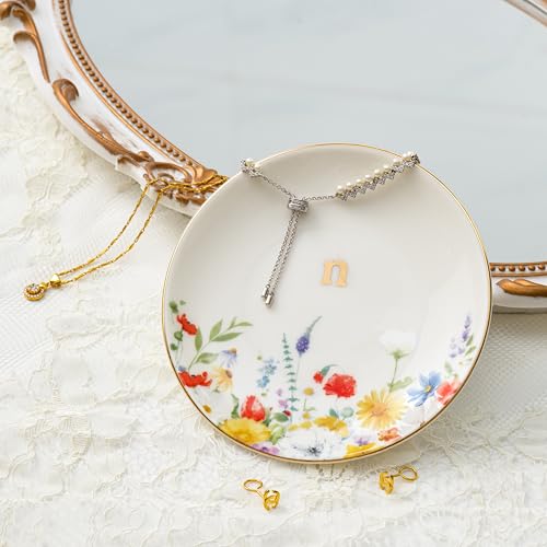 Crisky Flower Jewelry Tray Ring Dish & Gift Box, Ceramic Trinket Dish for Rings Earrings Necklaces Keys, Bridal Shower Engagement Birthday Gift for Women, Friends 4.57" (Gold Foil N - style: Initial N
