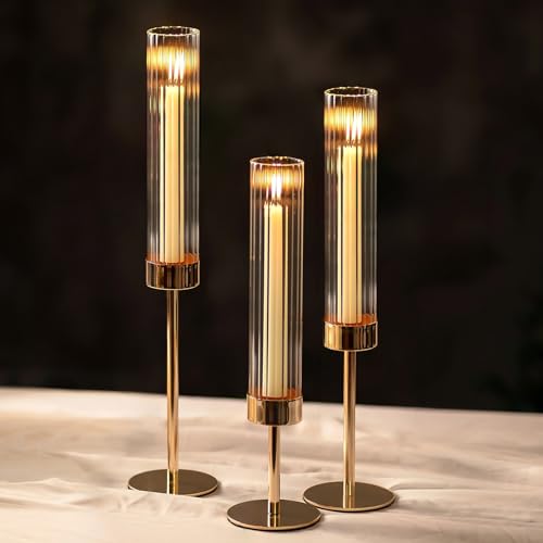 NUPTIO Tall Candlestick Holders for Centerpiece: Hurricane Candle Stick Holders with Ribbed Glass Sleeve - Gold Metal Candleholder Set of 3 for Table Fireplace Living Room Decor - color: Ribbed, size: 3pcs