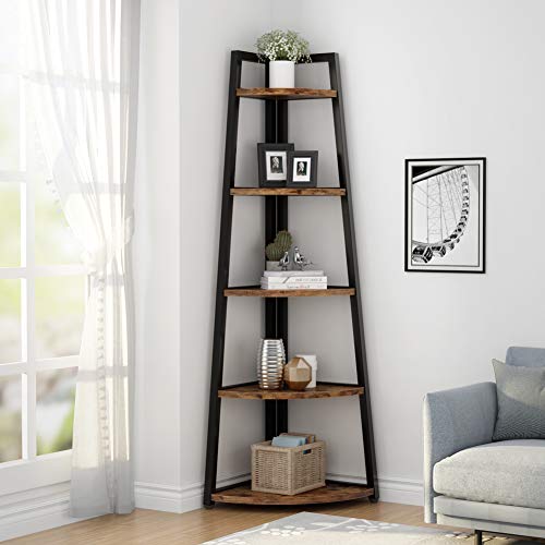 Tribesigns 70 inch Tall Corner Shelf, 5 Tier Rustic Corner Bookshelf Bookcase Industrial Corner Ladder Shelf Plant Stand for Living Room, Kitchen, Home Office (Brown) - color: Brown