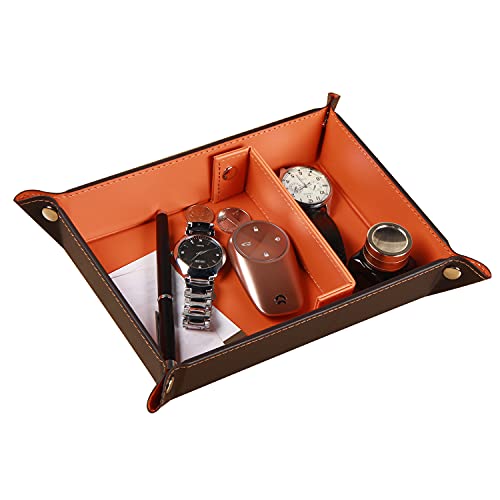 YAPISHI Key Dish Bowl for Men, Entryway Catchall Holder Bedside Table Valet Tray for Pocket Stuff, PU Leather Nightstand Organizer for Dice/Coins/Wallet/Watch/Rings/Sunglasses, Dresser/Coffee Table - color: X-orange