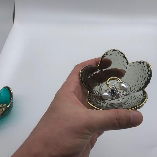Flower Ring Dish Jewelry Tray, Glass Jewelry Dish Tray, Aesthetic Room Decor Small Trinket Dish, Nightstand Jewlery Ring Holder Dish, Bathroom Jewelry Plate Bowl for Rings Earrings Wife Gift - color: Black