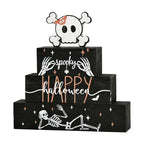 Smile 4 Pcs Wooden Blocks Signs, Happy Halloween Indoor Decorations, Skull Farm Decor Spooky Rustic for Home Table Shelf and Kitchen - style: Skull