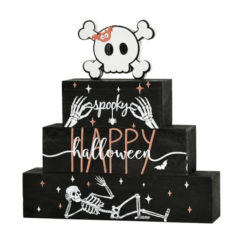 Smile 4 Pcs Wooden Blocks Signs, Happy Halloween Indoor Decorations, Skull Farm Decor Spooky Rustic for Home Table Shelf and Kitchen - style: Skull