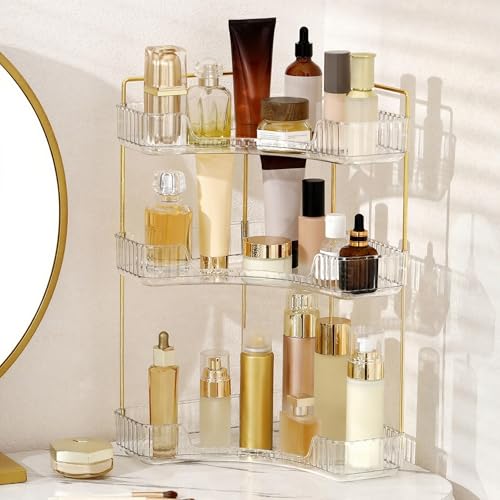 YCIA&DONE Corner Bathroom Counter Organizer, Makeup Organizer for Vanity, Skincare Cosmetic Perfume Tray, Corner Countertop Shelf Rack Storage for Bathroom Kitchen 3 Tiers (Clear White) - color: White, size: 3-Tier