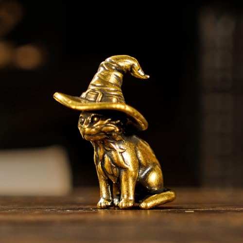 CHOVY Retro Handcrafted Witch Cat Ornament - 100% Solid Brass Desk Decor | Enchanting Feline Sculpture with Wizard Hat Unique Gift for Cat Lovers & Magic Enthusiasts - style: Wizard Cat