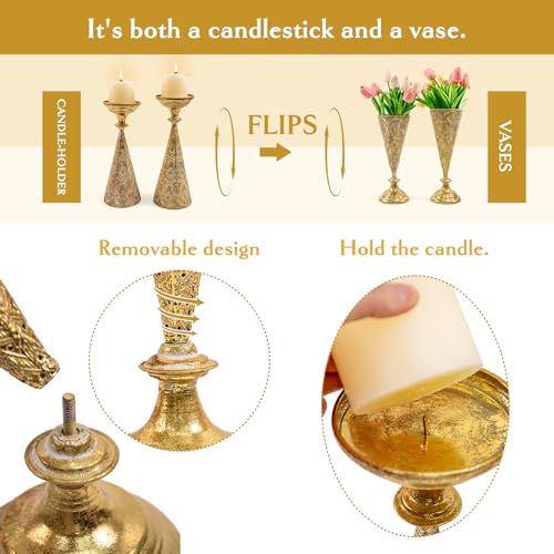 Farmhouse Gold Candle Holders for Pillar Candles, Metal Distressed Set of 2 Retro Flower Design Pillar Candle Stand Dual Use, Can be Vase Table Centerpiece Decor for Fireplace, Living, and Dining Room