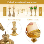 Farmhouse Gold Candle Holders for Pillar Candles, Metal Distressed Set of 2 Retro Flower Design Pillar Candle Stand Dual Use, Can be Vase Table Centerpiece Decor for Fireplace, Living, and Dining Room
