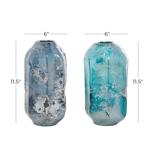 Deco 79 Glass Handmade Decorative Vase Blown Centerpiece Vases, Set of 2 Flower Vases for Home Decoration 12", 11"H, Blue