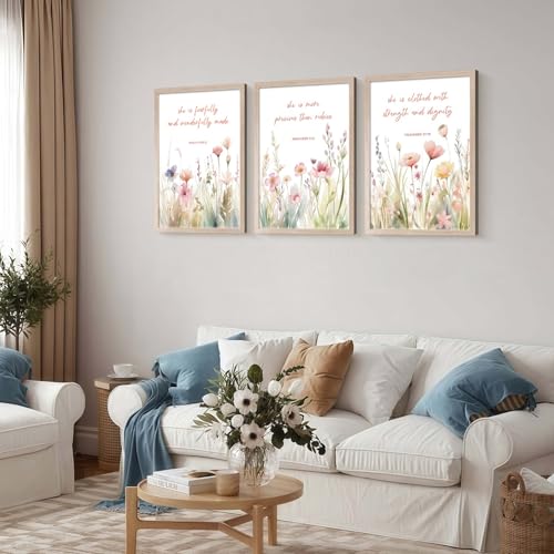 3Pcs Christian Floral Scripture Canvas Wall Art, Wildflower Bible Verse Posters Wall Decor, Psalm Religious Faith Art Pictures Prints for Living Room Bedroom Decorations 12x16in Framed - color: Wildflower Flower Bible Verses-2, size: 12"x16"