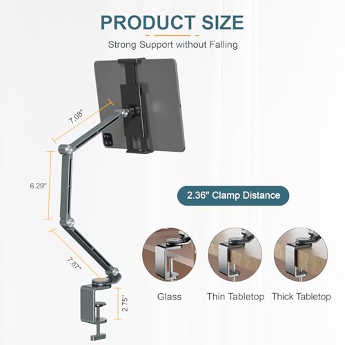 Houele Tablet Stand Holder, Adjustable Foldable Tablet Arm iPad Desk Mount with 360°Rotate Base, Phone Holder iPad Stand for Desk and Bed, Compatible with Tablets, Phones or Other 4-15.6" Device - color: Grey