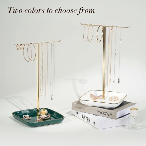Jewelry Holder Stand with Ceramic Base: 12" Tall Necklace Organizer Rack, Tree Design Display Storage for Necklaces, Bracelets, Rings, Earrings, Aesthetic Room Décor for Girls and Women, Green - color: Green, size: 6.7" base