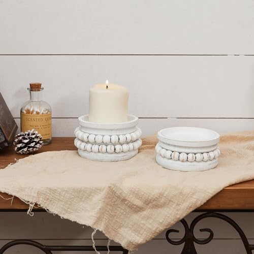NIKKY HOME Farmhouse Beaded Wooden Candle Holders Set of 2, Rusitc Solid Wood Pillar Candlesticks Pedestal, Fireplace Mantle Table Centerpiece Decor, Distressed White