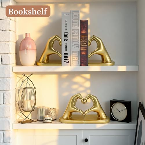 Book Ends Heart Design for Mom, Non-Skid Bookend, Gold Bookends for Shelves, Heavy Duty Resin Book Stopper for Living Room Merch Apartment Bookshelf Birthday Women, 10.22 x 3.93 x 5.11