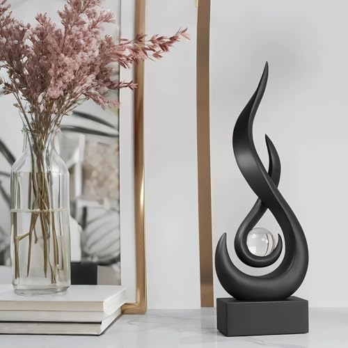 Modern Flame Sculpture Decor Flame Statue with Glass Ball Resin Abstract Art Figurines Centerpiece Sculpture for Home Decor Living Room Stand Coffee Table Office Decor (Medium Black) - color: Medium Black