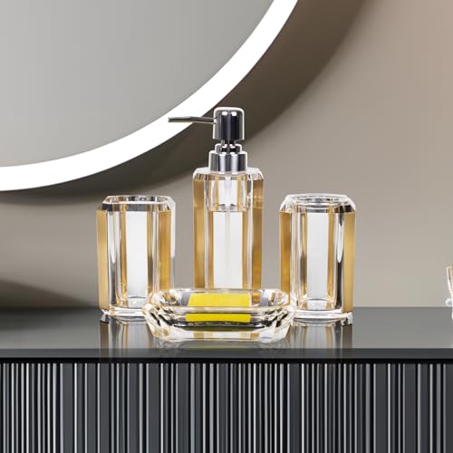 4-Piece Gold Bathroom Accessories Set — Soap Dispenser, Soap Dish, Mouthwash Cup & Toothbrush Holder, Acrylic with Brushed Gold Accent, Luxury Bathroom Vanity Countertop Organizer for Home - color: Gold
