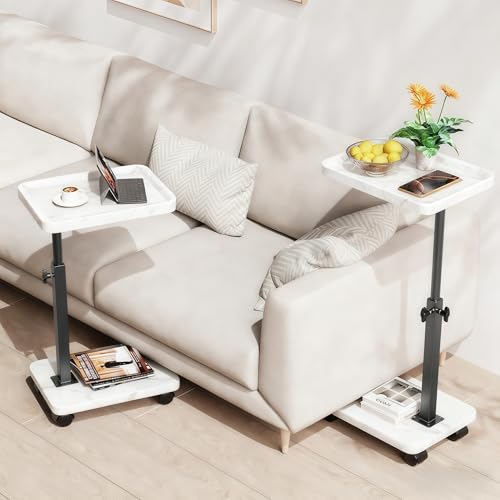 C Table End Table Adjustable Height, 360°Swivel TV Tray Table for Small Spaces, Side Tables with Wheels for Living Room and Bedroom, Bed (White) - color: White-height Adjustable