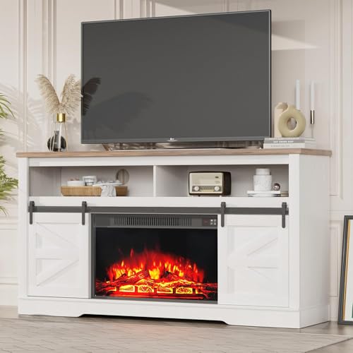 YESHOMY Fireplace TV Stand for Television up to 65+ Inch with Storage and Farmhouse Sliding Barn Doors, Entertainment Center with Cabinet and Shelves, Media Console for Living Room, White - color: White, style: Sliding Barn Doors Fireplace TV Stand