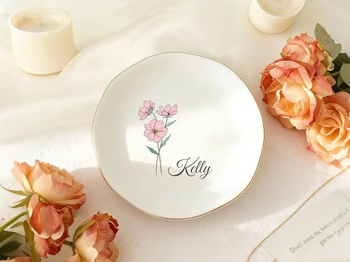 Custom Ceramic Ring Dish, Personalized Jewelry Tray with Name Birthday Flower, Earrings Necklaces Bracelet Watch Keys Trinket Holder, Mothers Day Bridesmaid Bestie Gift for Women - color: Birth Flower & Name