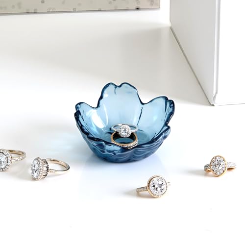 Crystal Blue Flower Ring Dish Jewelry Tray, Decorative Glass Trinket Dish, Modern Accent Tray for Vanity - color: Crystal Blue