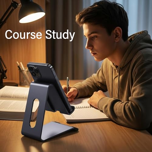 Phone Stand for Desk, Thickened Aluminum Cell Phone Stand & Phone Holder for Desk, Compatible with Tablets, iPhone, iPad, Samsung - Black - color: black