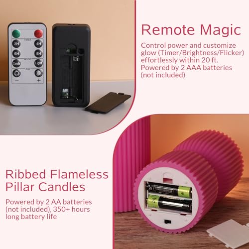 Hot Pink Ribbed Flameless Pillar Candles with Remote, Real Wax Flickering Battery LED Candles Set of 2 - color: Hot Pink