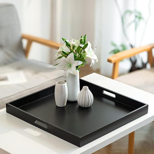 Hanobe Ottoman Tray for Living Room: Modern Extra Large Black Serving Decorative Trays with Cutout Handles for Coffee Table Home Decor, 20" - color: Black