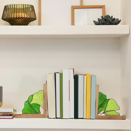 Maitys Ginkgo Leaf Bookends with Oak Wood Base Stained Glass Novelty Bookends Organizer Cute Book Ends for Shelves Desks Libraries Book Lover Gift (Green)