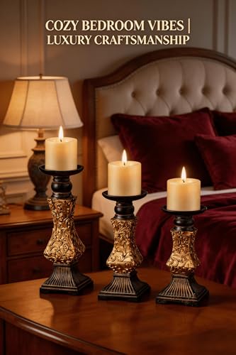Ornate Resin Pillar Candle Holders Set of 3 Baroque Gothic Decorative Candlesticks in Black & Gold (8", 10", 12") for Home Decor, Weddings & Centerpieces