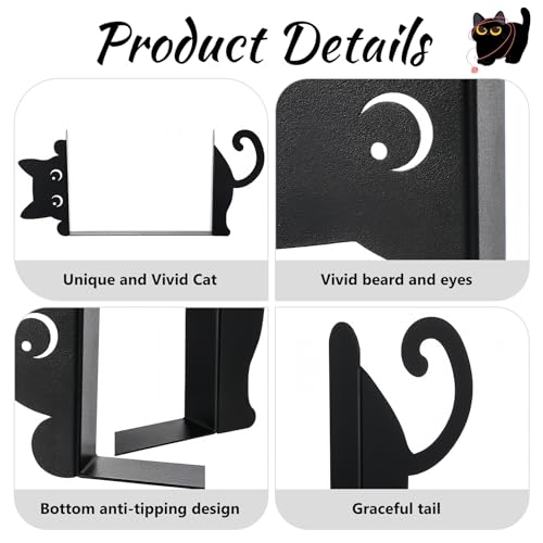 Peeping Cat Black Metal Bookends，Book Ends for Shelves Decorative，Cute Book Stopper for Office Home Desk Bookshelf Decor，cat Decor for cat Lovers