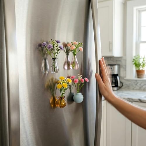 10-Pack Magnetic Mini Clear Glass Bud Vases for Fridge – Strong Magnets, Leak-Proof Propagation Vases – with 10 Faux Flowers (No Trimming) – Locker, Cubicle & Coworker Gift (Clear Glass)