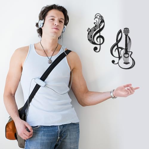 Musical Note Metal Wall Art Vase with Flowers, Hanging Decor for Indoor Living Room, Kitchen, Bedroom (Guitar Musical Notes 2 Pack)