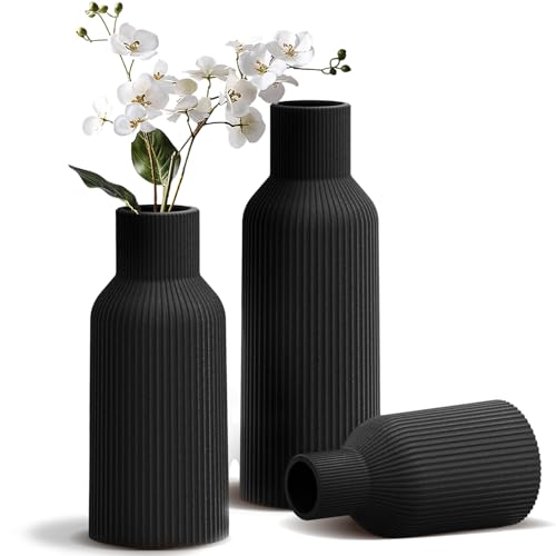 Glossy Black Ceramic Vases Set of 3 - Modern Ribbed Vases for Fresh Flowers & Pampas Grass - Minimalist Decorative Centerpieces for Coffee Table, Mantle, Entryway & Office - color: Black