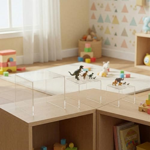 Chuangdi 2 Sets Acrylic Display Risers, Product Stand, Jewelry Display Riser Shelf Showcase Fixtures for Dessert Cupcake Candy Figure Treat Action Showcase(Clear,Medium Set) - color: Clear, size: Medium Set