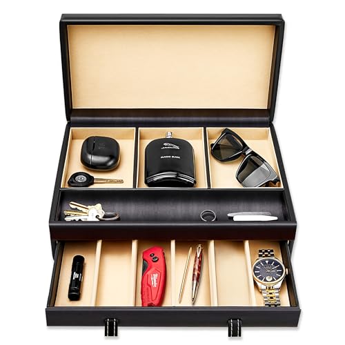 Stock Your Home Mens Valet Tray, Men's Jewelry Box, Night Stand Organizers and Storage, Bedside Table Organizer, Watch Box for Dresser, Faux Leather (Black & Beige) - color: Black & Beige