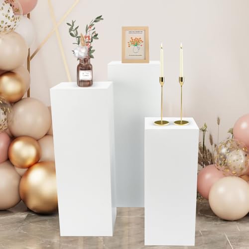 3PCs Square Pedestal Stand for Party, White Metal Cylinder Pedestal Stands, Sculpture Display Column Decoration Cube for Wedding Event Decoration