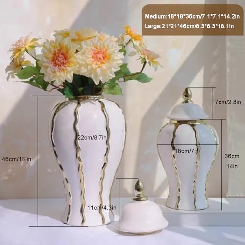 White and Gold Vases for Centerpieces,White Gold Ginger Jars for Home Decor,Large Gold Vases for Kitchen Counter,Vintage Vase with Lid,Birthday Anniversary (14 in) - color: White Gold-a, size: 14 in