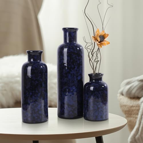 Small Blue Ceramic Vase Set of 3, Boho Modern Flower Vase Room Decor, Farmhouse Decor, Vases for Your Kitchen, Bathroom, Bedroom, Living Room, Office&Shelf Centerpiece Table Decorations - color: Blue