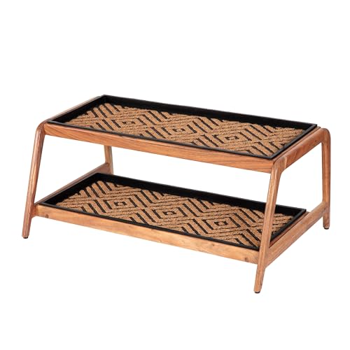 Anji Mountain Heavy Duty Waterproof Wooden Shoe Storage Mat Organizer/Boot Storage Tray Multi Use for Entryway with Coir, Tan and Black Diamond Insert, 2 Tier, Fits 6 Pair (36.5" Wide) - color: Tan and Black Diamond, size: 2 Tier, Fits 6 Pair