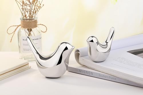 Small Birds Figurine Silver Home Desk Decor Modern Style Knick Knacks Bird Statues Decorative Ornaments for Living Room, Bookshelf, Bedroom, Office Desktop, Cabinets(Silver Birds 2Pcs) - color: Silver