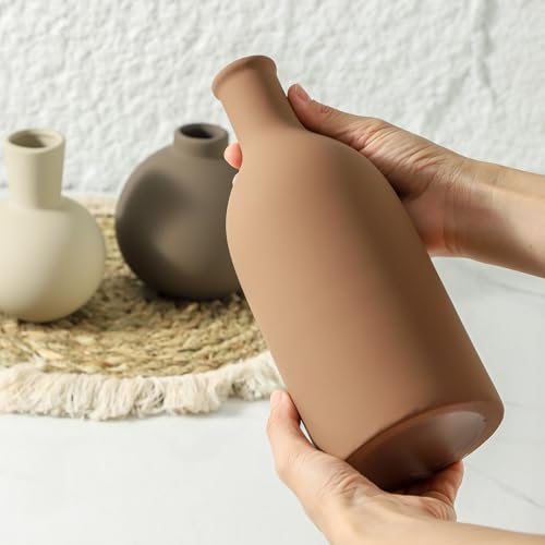 Vase Set of 3 | Ceramic Neutral Vases Home Decor | Rustic Flower Pottery Vases Modern Farmhouse Vase for Table Entryway Mantel Centerpiece Bookshelf Living Room Bathroom Bedroom -Brown Large - color: Brown - Larger