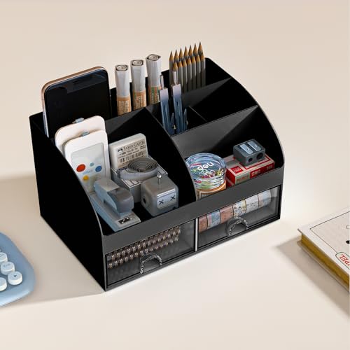 COMFYROOM Desk Organizer with 6 Compartments and 2 Drawers, Plastic Makeup Organizer, Pen Holder for Desktop Storage, Desk Organization for School, Home, Office Supplies Black-2Pack - color: Black-2Pack
