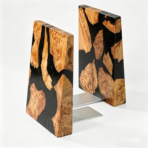 Pearlescent Black Resin Bookends, Burl Wood Book Ends for Shelves – Unique Decorative Book Supports for Study Office, Elegant Gift for Home Library (Pearlescent Black) - color: Pearlescent Black